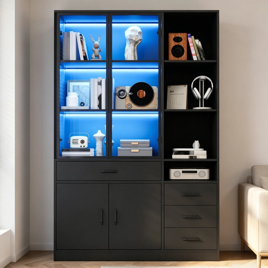 Mobile alto con vetrina in vetro e LED 120x35x200 cm; 4 cassetti; nero