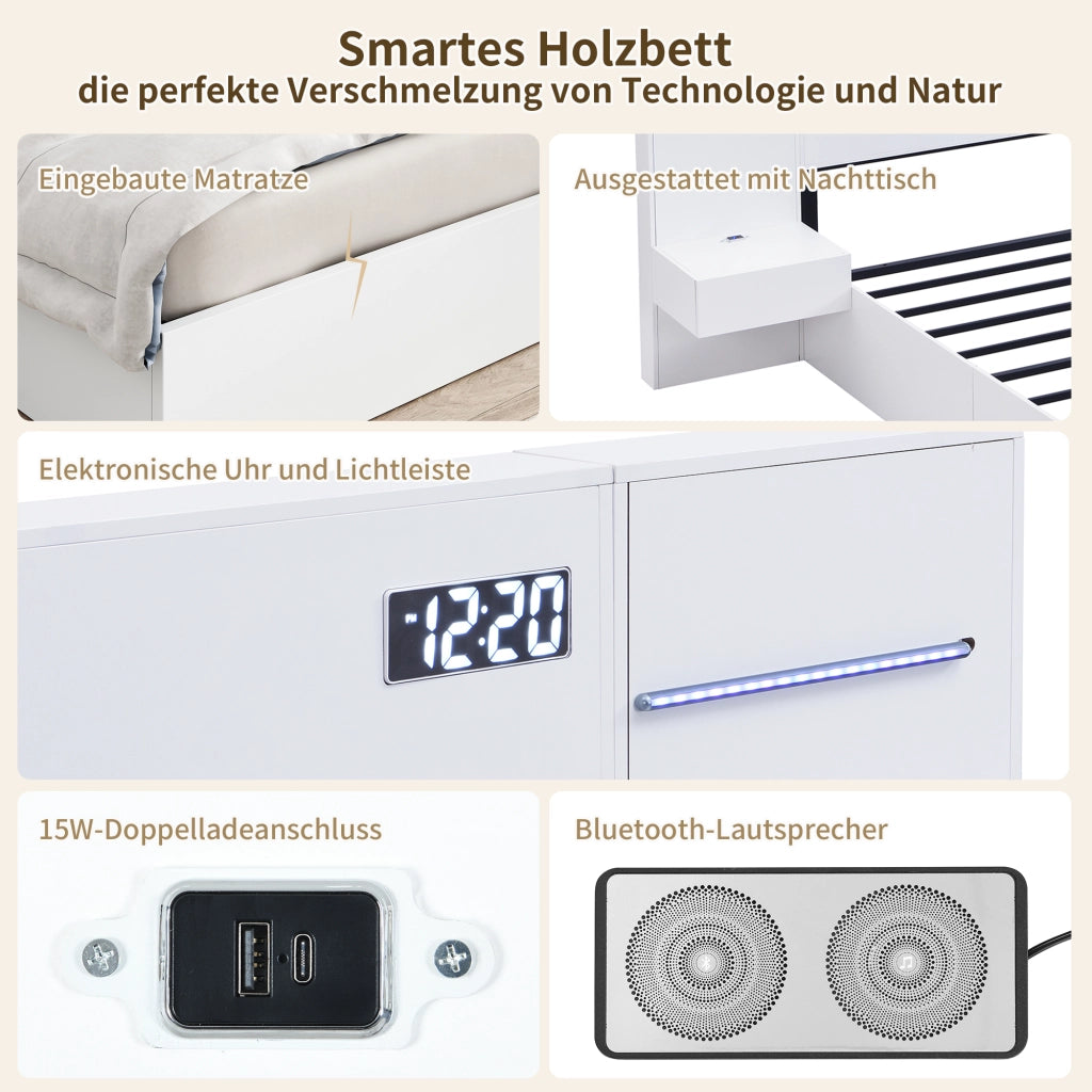 Letto adulto 180 × 200 cm; letto matrimoniale con USB-A; USB-C; orologio; altoparlanti e LED; senza materasso