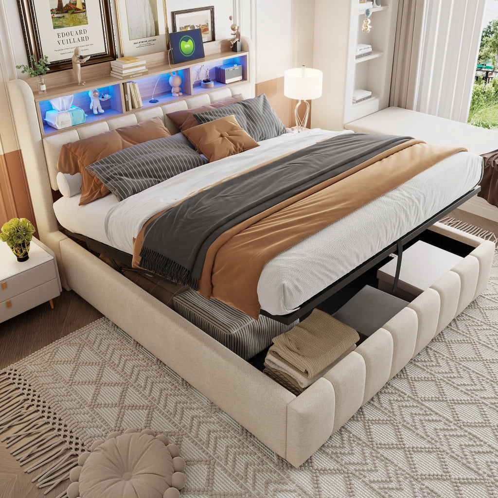 LETTO Imbottito 180x200 cm Beige con LED, USB e contenitore