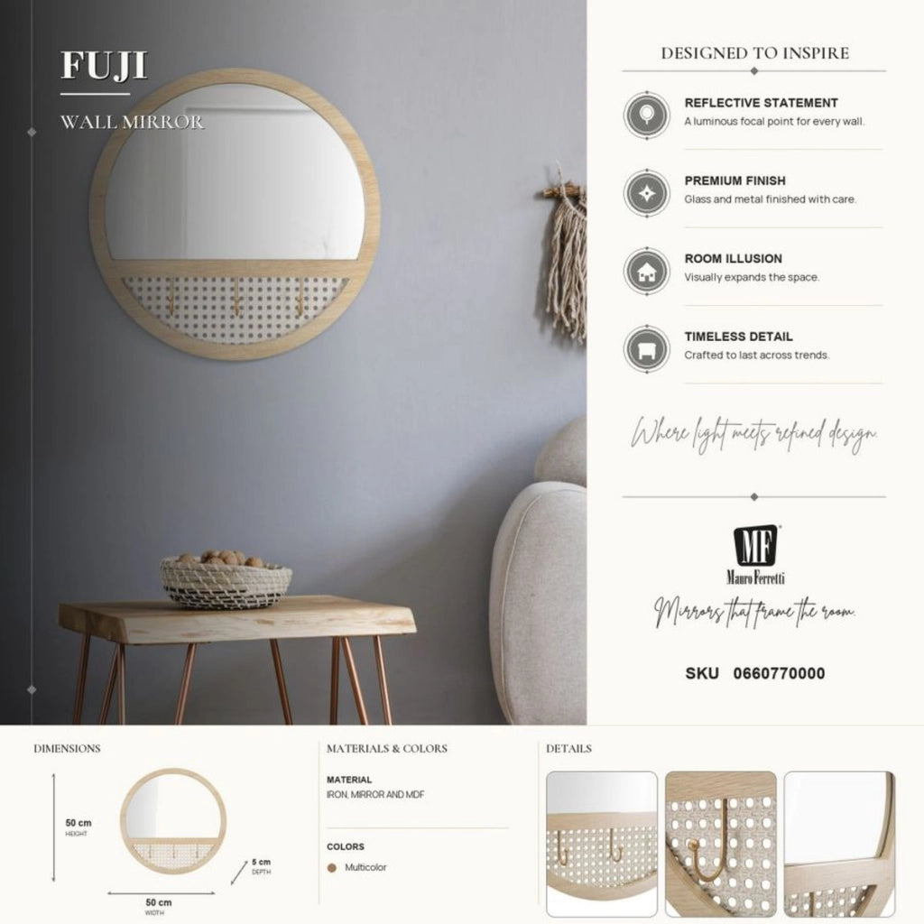 Specchio da parete Fuji con cornice boho in ferro e MDF