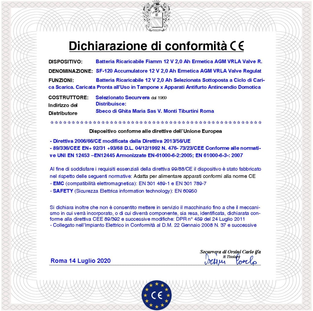 Batteria per Sirena 12 V 2 Ah 3 Pezzi Collegamento Tramite 2 Faston 5 mm Polarizzati Ermetica AGM VRLA Valve Regulated Selezionata da Securvera Caricata Marca Fiamm PRC Dimensioni L178XP34XH60 mm