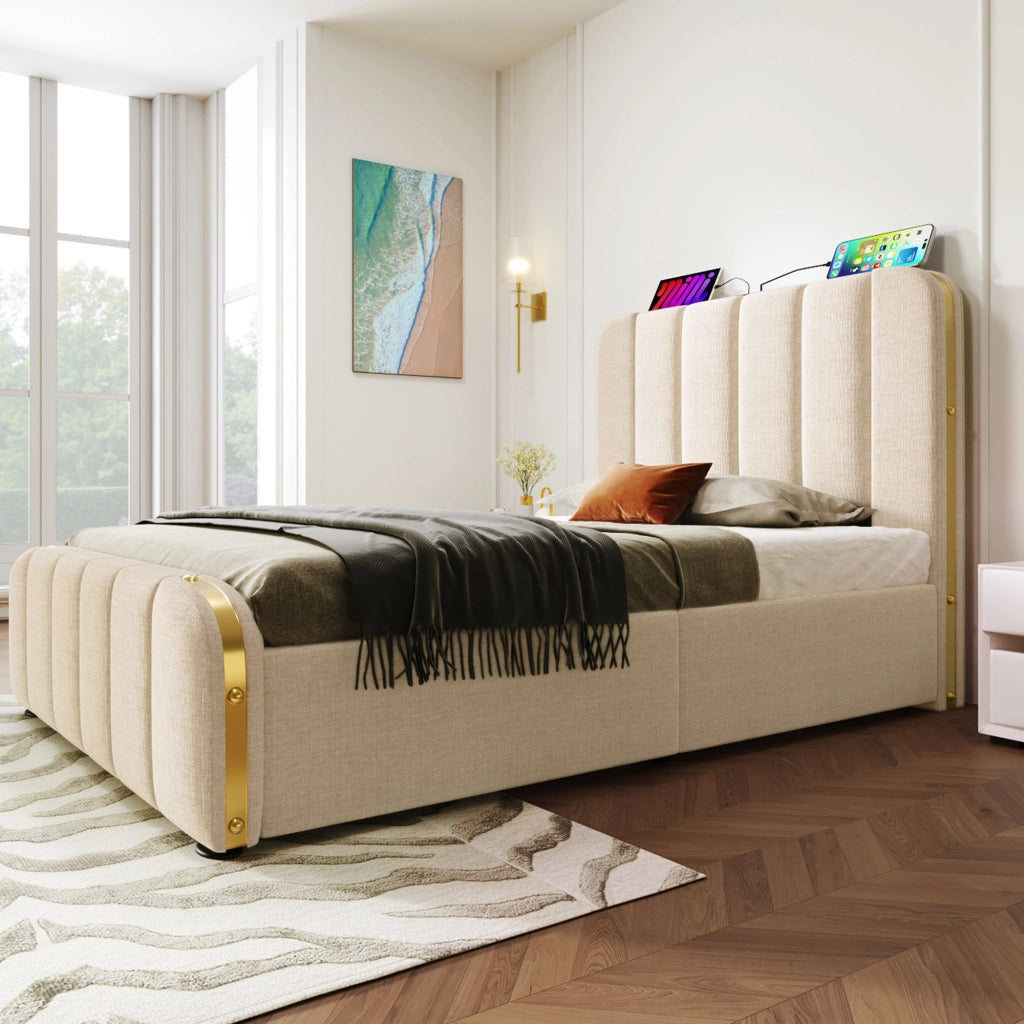 letto imbottito lino beige 90 x 200 cm