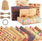 Set di carta da regalo - 8 fogli 70 x 50 cm - Ideale per bambini - Include nastro adesivo, 2 cordoncini di canapa e 8 hanger in carta kraft - Perfetto per uomini e donne