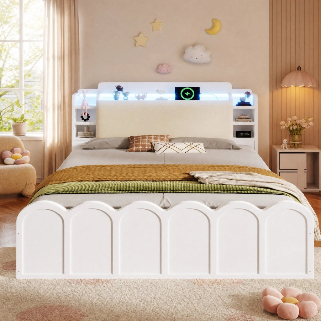 LETTO Contenitore idraulico 140x200 cm Bianco con USB-C e LED