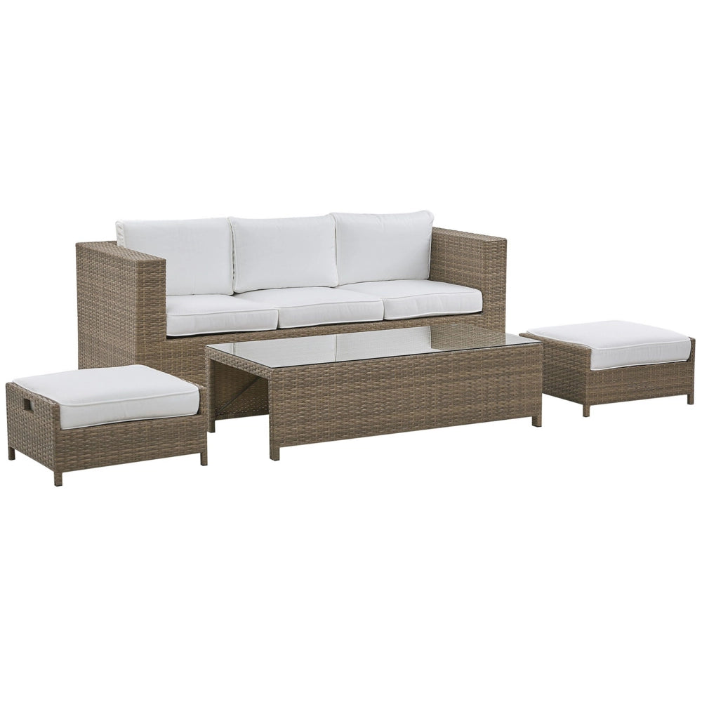 Divano da esterno Set divano a 3 posti in rattan sintetico marrone con tavolo e 2 cuscini bianchi ottomani