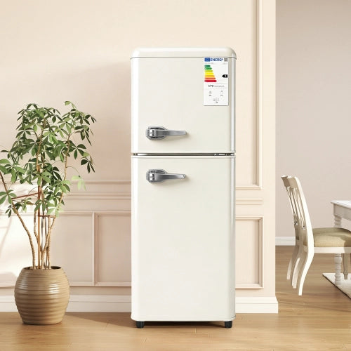 Frigorifero a doppia porta (112L) – controllo della temperatura a 7 livelli; classe di efficienza energetica E; luce LED; ripiani regolabili e portauova – Crema