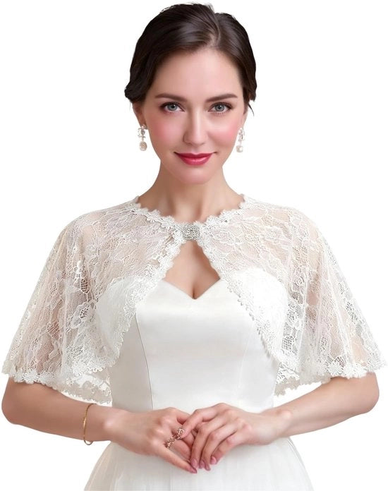 Bolero con frange - Sciarpa elegante con finiture - Ragazza d'onore - Cappuccio bianco - Chiusura con fiocco regolabile - 33 cm di lunghezza