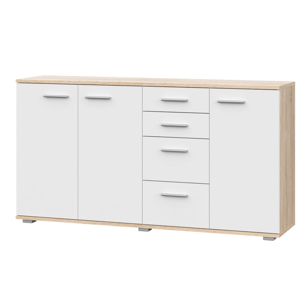 Commode FAUSKE - 4 Cassetti - 3 Ante - Quercia Sonoma - Bianco - Larghezza 138 cm, Altezza 74 cm, Profondit? 34 cm