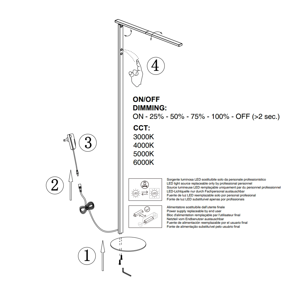 Ideal - Piantana a Led Nera orientabile in metallo H.130 cm Fabas Luce - Luce a led 10W integrata CCT (3000K 4000K 5000K 6000K)