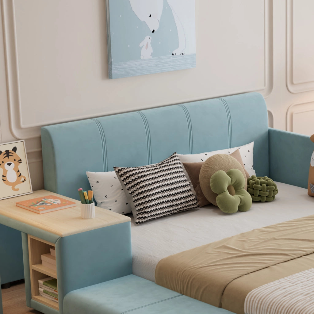 LETTO Singolo 140x200 cm in Velluto Blu con scrivania laterale e sgabello