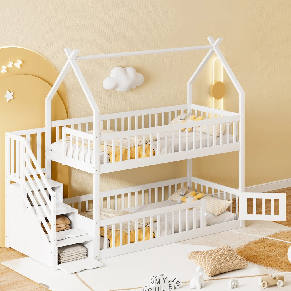 Letto a castello per bambini 90x200 cm con tetto, scala sicura e cassetti