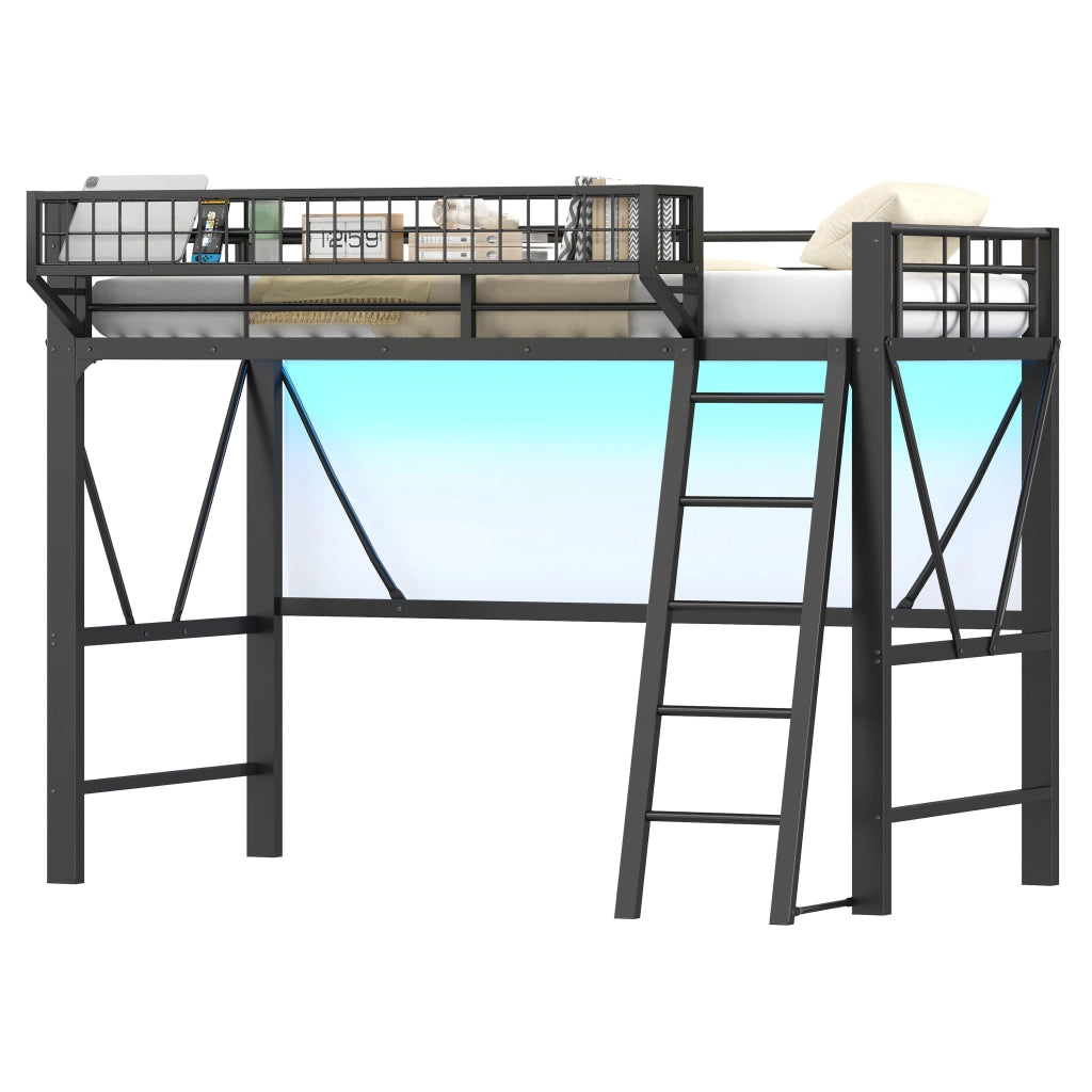 Letto a soppalco 90 × 200 cm singolo con LED a 7 colori e cestino, senza materasso, in metallo nero