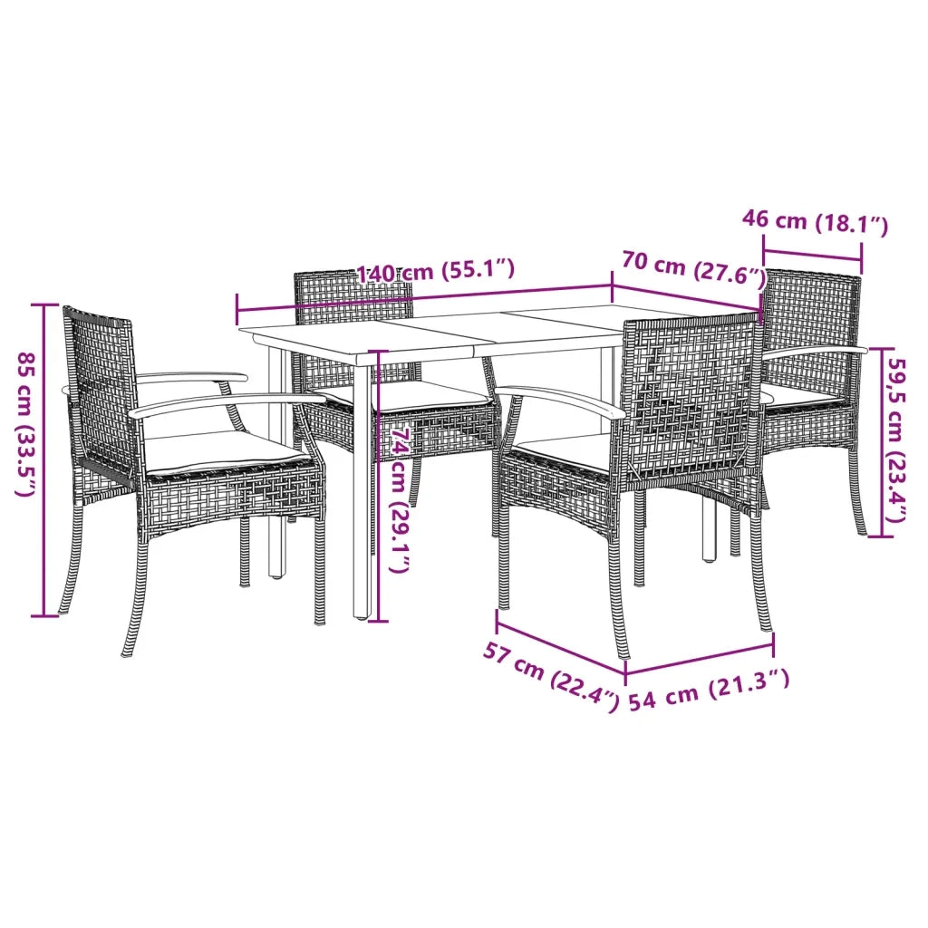 Set da Pranzo da Giardino 5 pz Nero con Cuscini in Polyrattan 3213605
