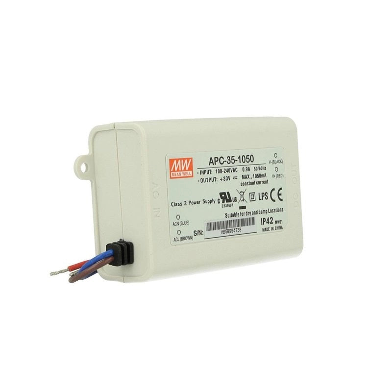 Led Driver CC MW MEAN WELL Serie APC Trasformatore Corrente Costante IP42 (1050mA 11V-33VDC 35W)
