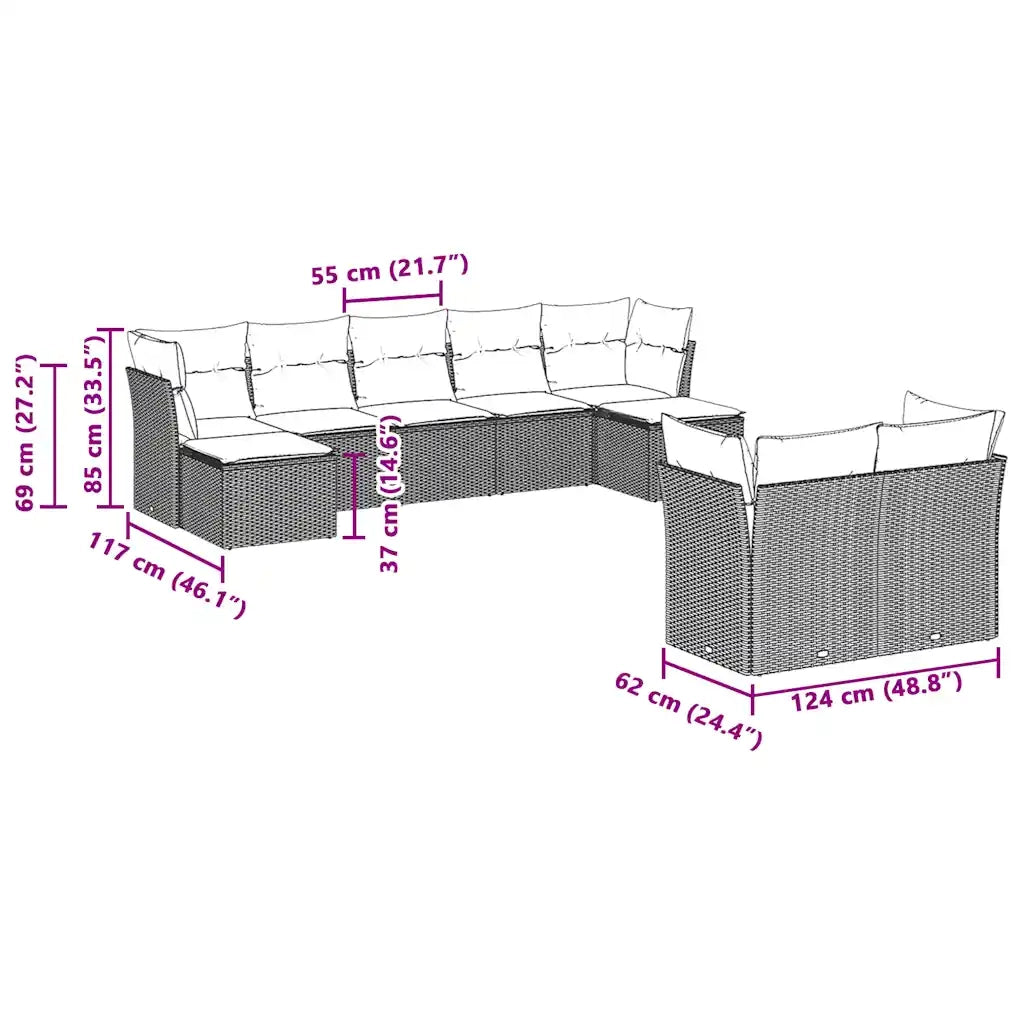 Set Divano da Giardino 9pz con Cuscini Grigio Chiaro Polyrattan