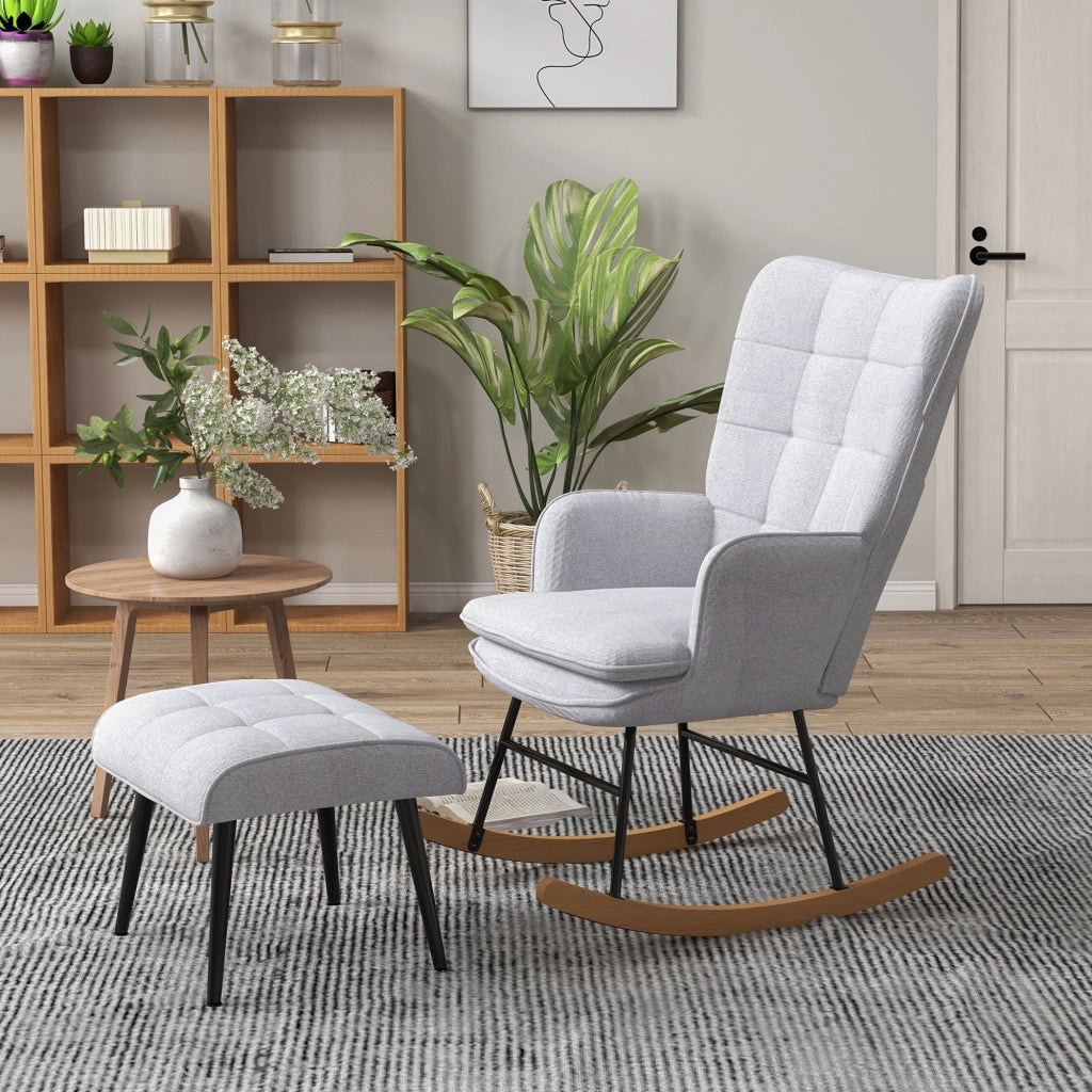 Poltrona Dondolo con Pouf ¨C Minimal ¨C Grigio, Legno, Tessuto, 64x89x90 cm