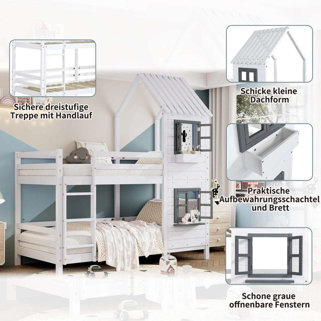 DESMIU Letto a castello bambino 90 × 200 cm con finestra, scala, sponde, senza materasso, legno, bianco