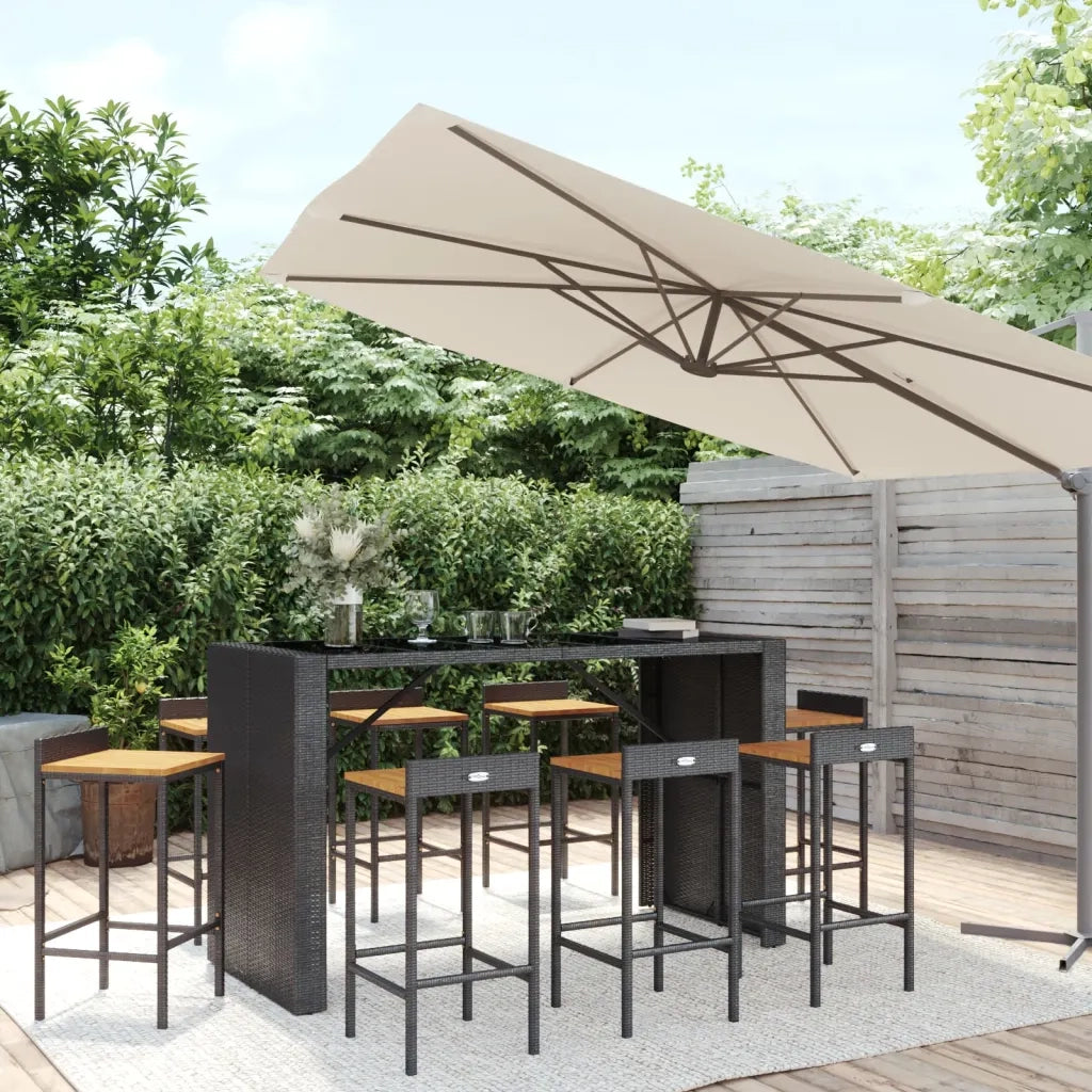 Set Bar Giardino 9 pz Nero Polyrattan e Legno Massello Acacia 3187688