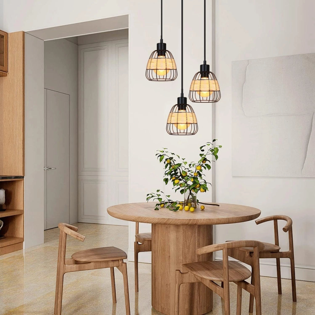 Lampada a Sospensione ZMH 3 luci rotonda nera E27 rattan vintage rustico retr¨° per soggiorno sala da pranzo e cucina