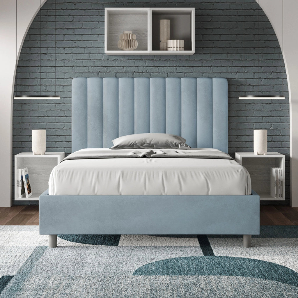 BS COM Letto una piazza e mezza con rete imbottito 120x190 microfibra azzurro