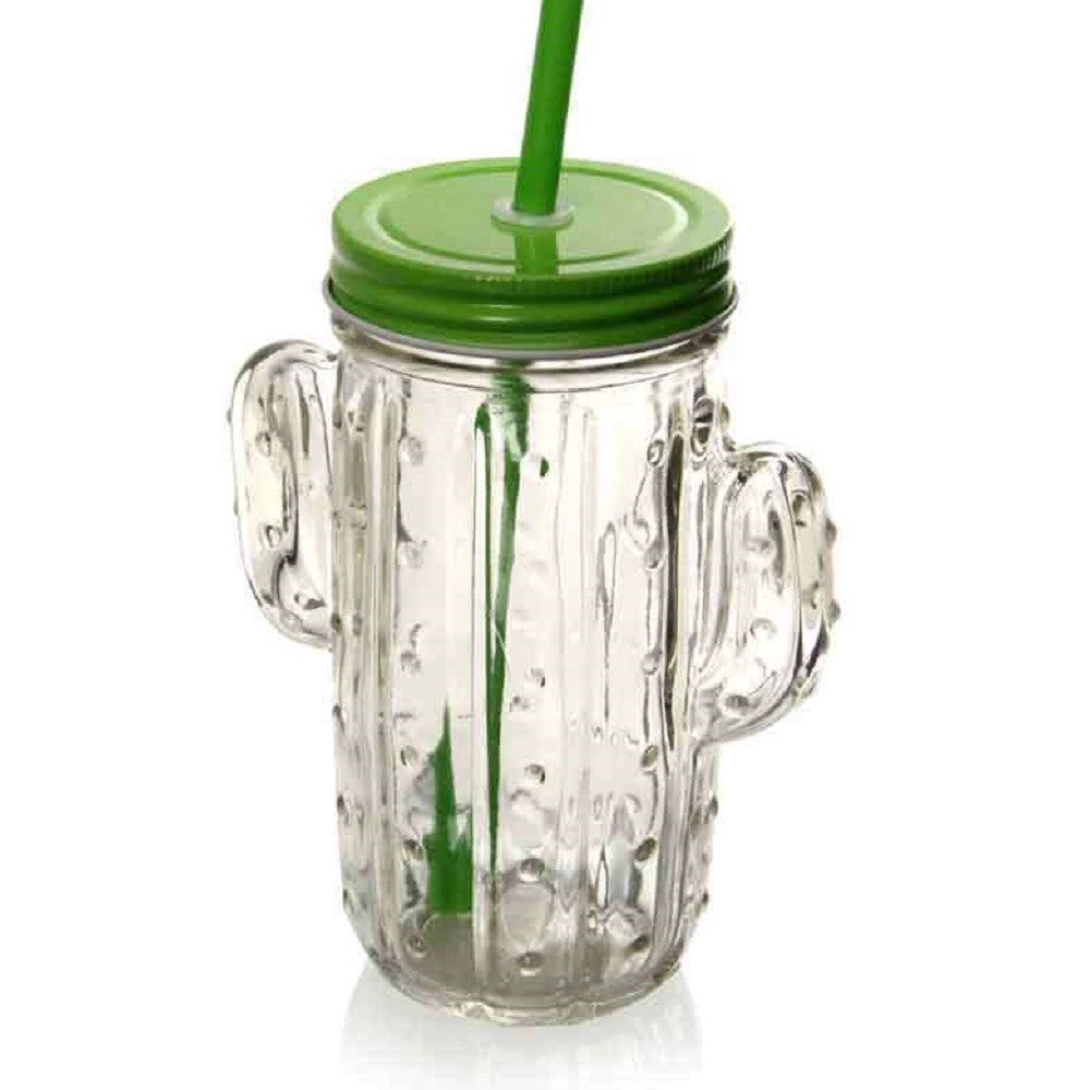 Trade Shop - Bicchiere Con Cannuccia Coperchio Party Feste Forma Cactus In Vetro 400ml 738135 -