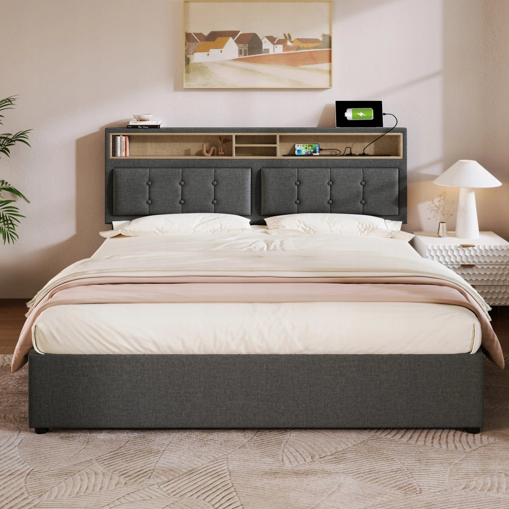 Letto imbottito 160x200 grigio con USB, telaio - Xylo