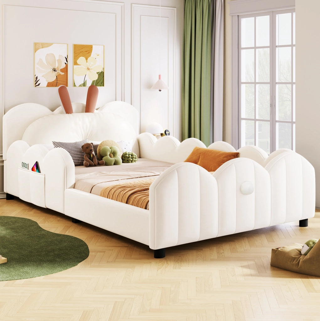 Letto imbottito 90x200 cm beige con cuscino testiera a forma di coniglio