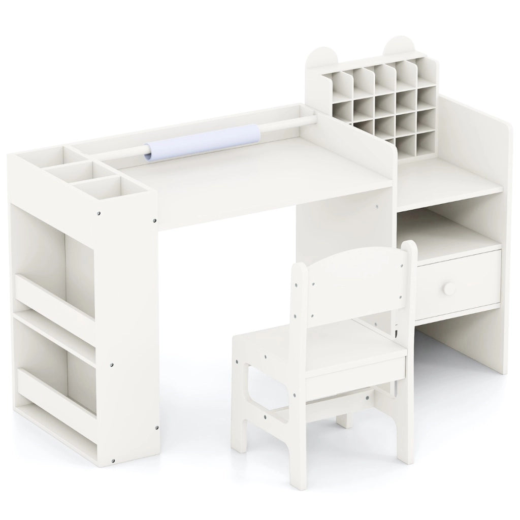 Set tavolo e sedia per bambini con porta rotolo carta rimovibile con mobile cubo, Tavolo lettura e disegno Bianco