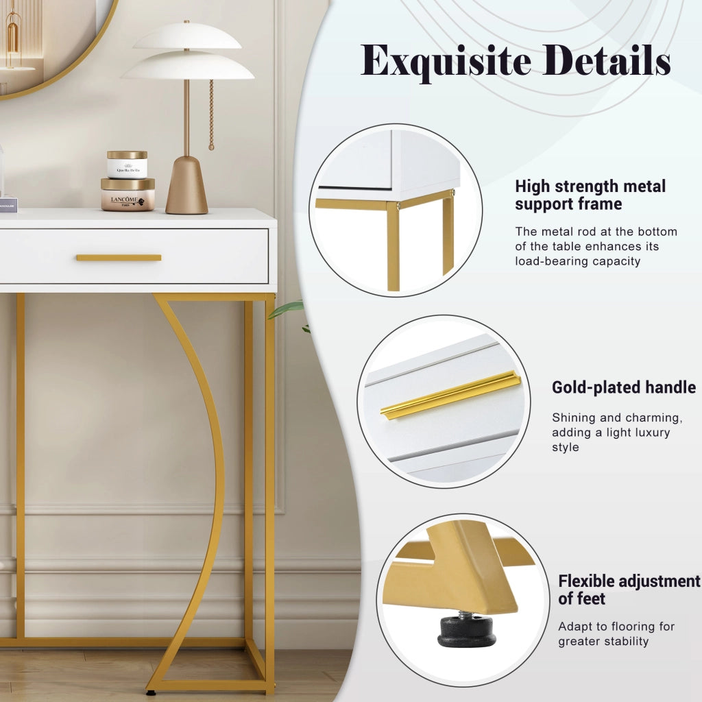 Consolle, tavolino da ingresso con 2 cassetti, tavolino laterale leggero ed elegante, tavolino da divano, 110x32x85 cm, bianco/oro