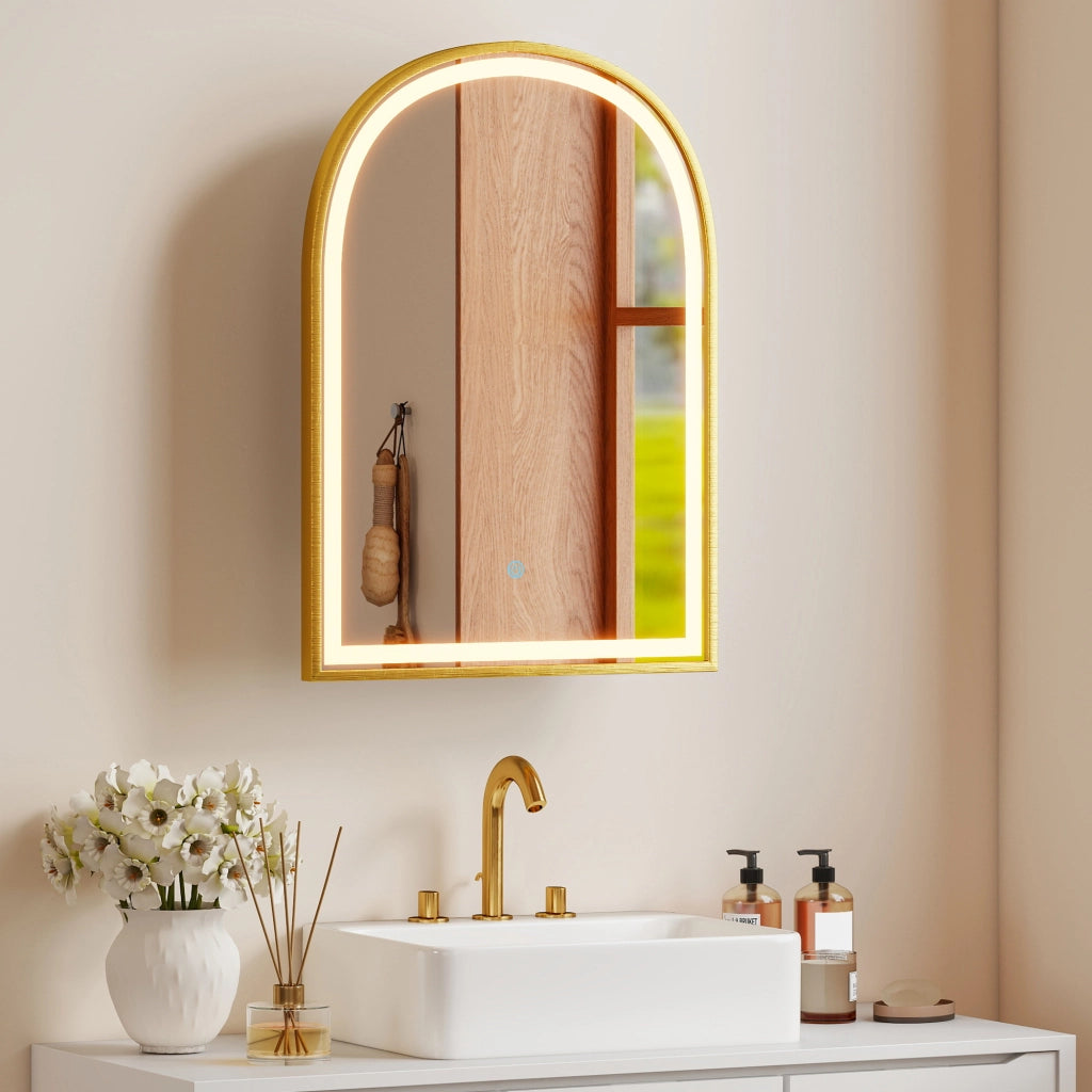 Armadietto a specchio LED bagno ¨C Xylo ¨C Porta ad arco anti-appannamento dorato 50x70cm