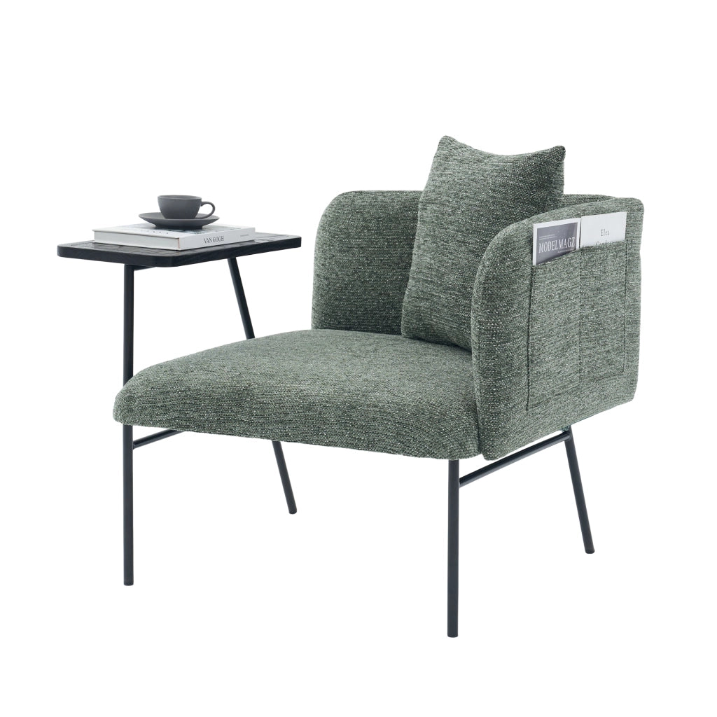 Fauteuil con tavolino laterale e tasche portaoggetti, seduta imbottita in ciniglia verde smeraldo 86 × 72 × 71 cm