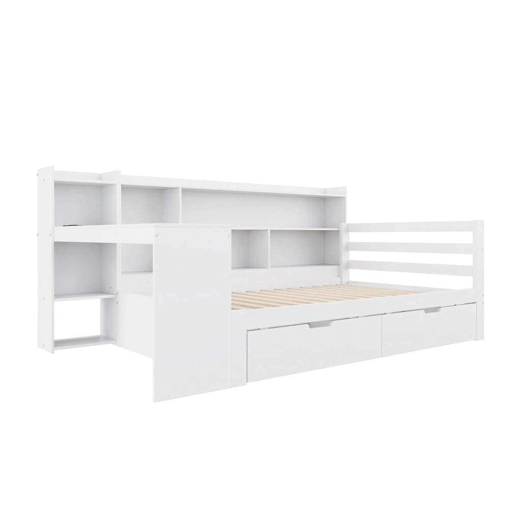 Letto singolo salvaspazio 90×200 cm con scrivania; libreria; cassetti; prese USB; senza materasso; legno; bianco