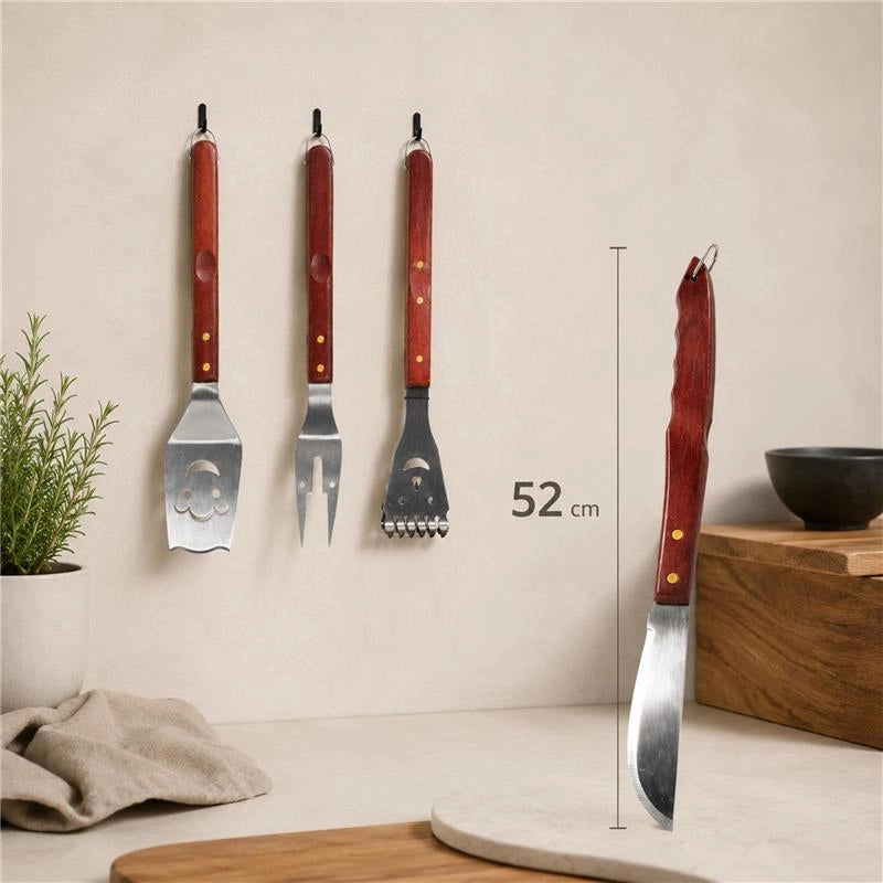 GRILL SET DA 4 UTENSILI PER BARBECUE CON MANICO IN LEGNO 52 CM