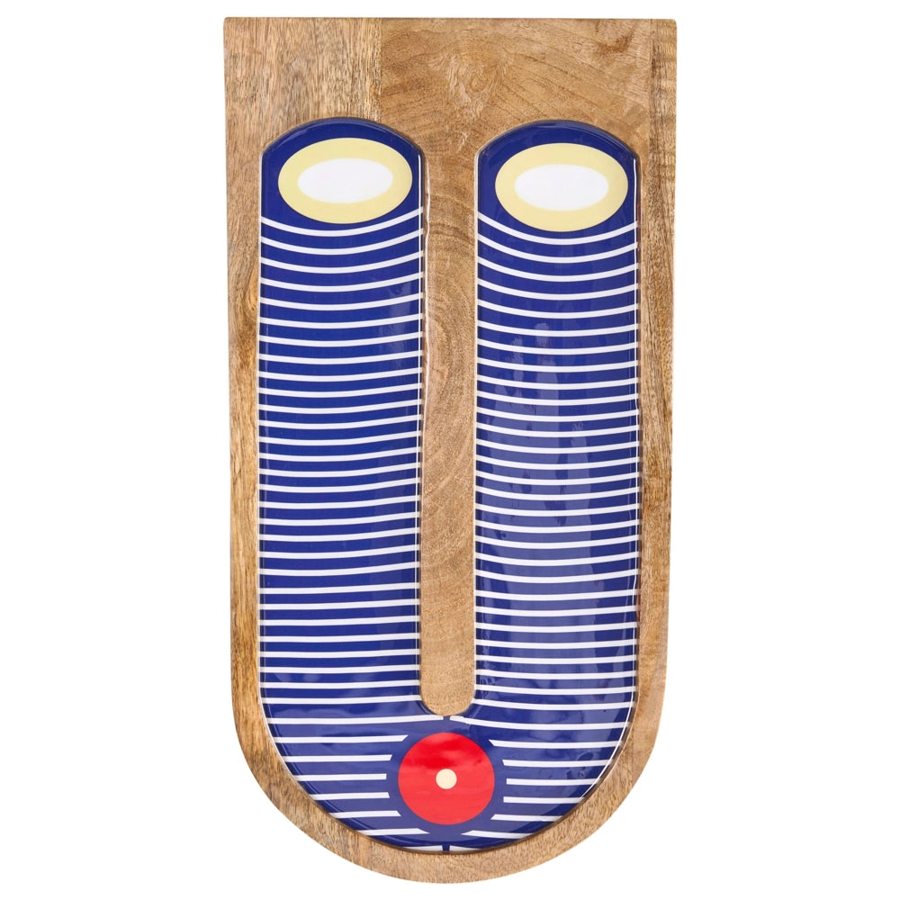 Decorazione da parete in legno di mango blu decorativa da appendere con motivo astratto a forma di volto, realizzata a mano in stile boho africano