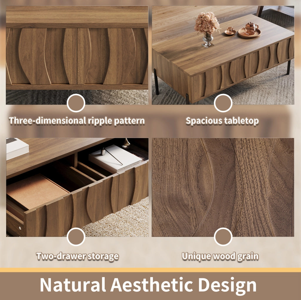 Tavolino da caffè con 2 cassetti e piano aperto per salotto, stile retrò, in MDF e truciolare, naturale, 105 × 55 × 41 cm