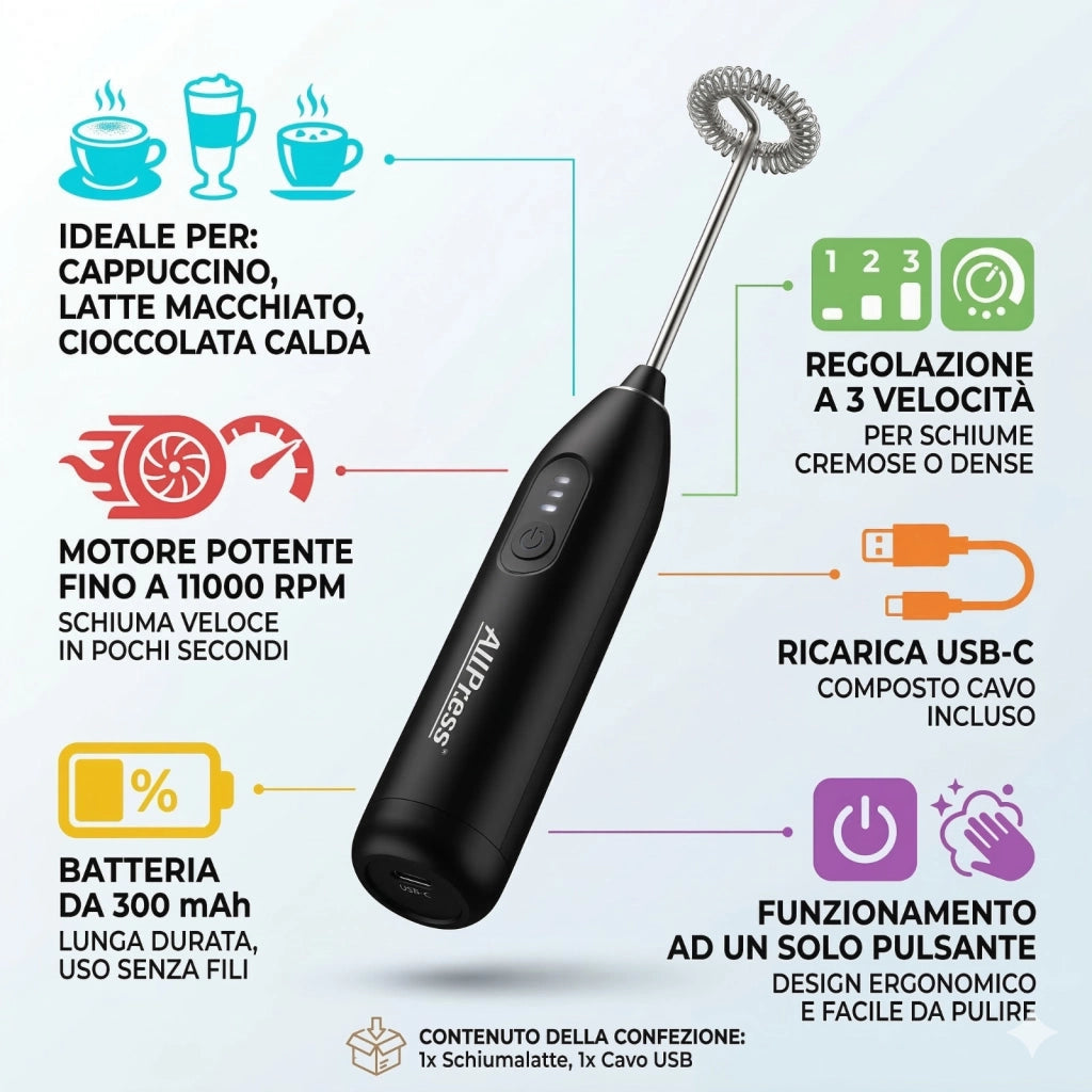 MONTALATTE ELETTRICO USB SCHIUMALATTE SENZA FILI 3 VELOCITA COLAZIONE AS-08114