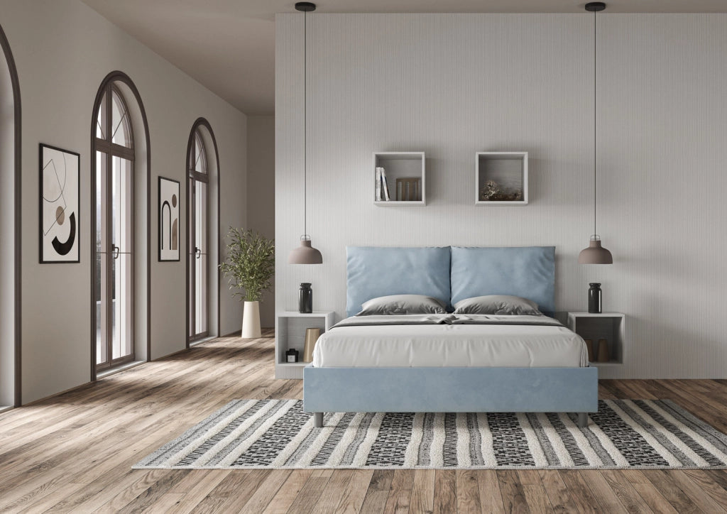BS COM Letto queen size con rete imbottito 150x200 microfibra azzurro