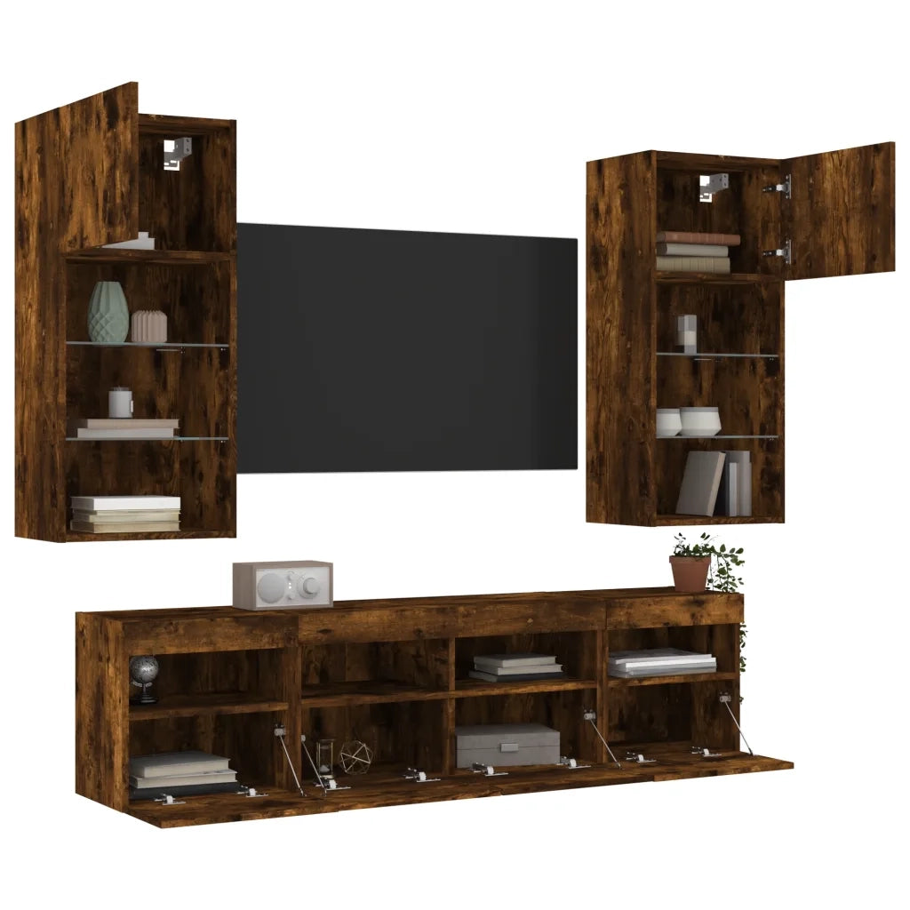 Mobili TV a Muro con LED 5pz | Armadietto TV | Mobile Porta TV Rovere Fumo in Legno Multistrato