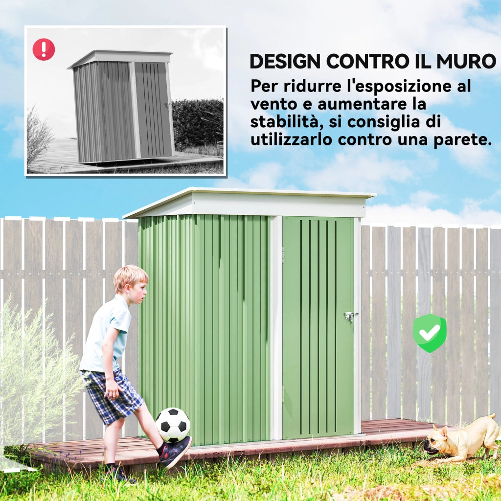 Casetta da Giardino Porta Attrezzi in Acciaio con Porta Bloccabile, 161x95x163/181cm, Verde