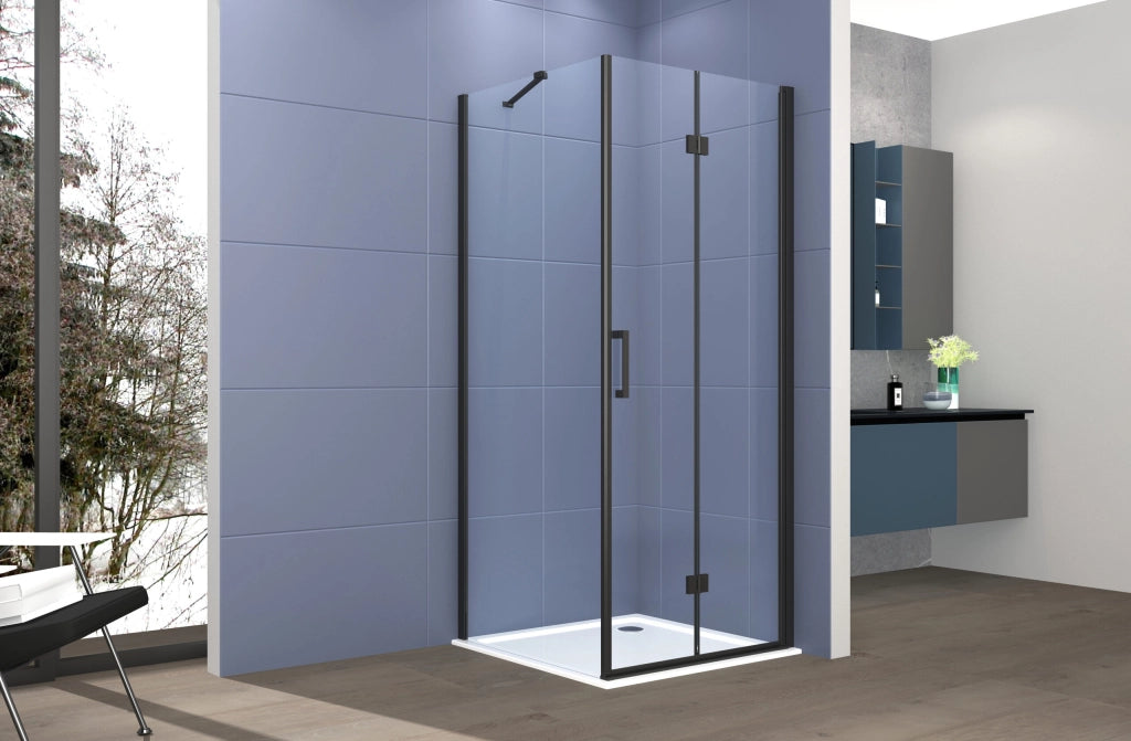 Box doccia Angolare 70x90 cm porta a soffietto + fisso H200 cm cristallo 6 mm profilo NERO OPACO ZAIRA