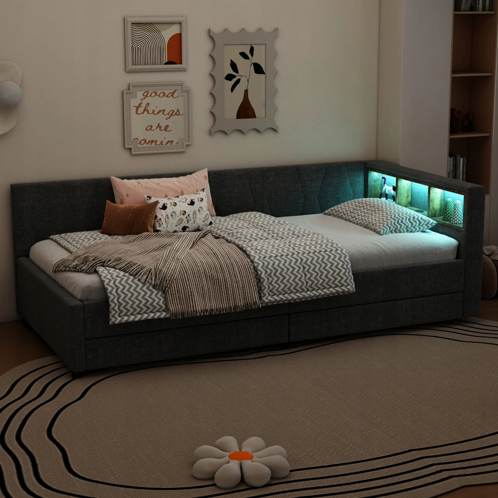 Letto singolo 90x200 - Xylo - Grigio con USB-C e LED