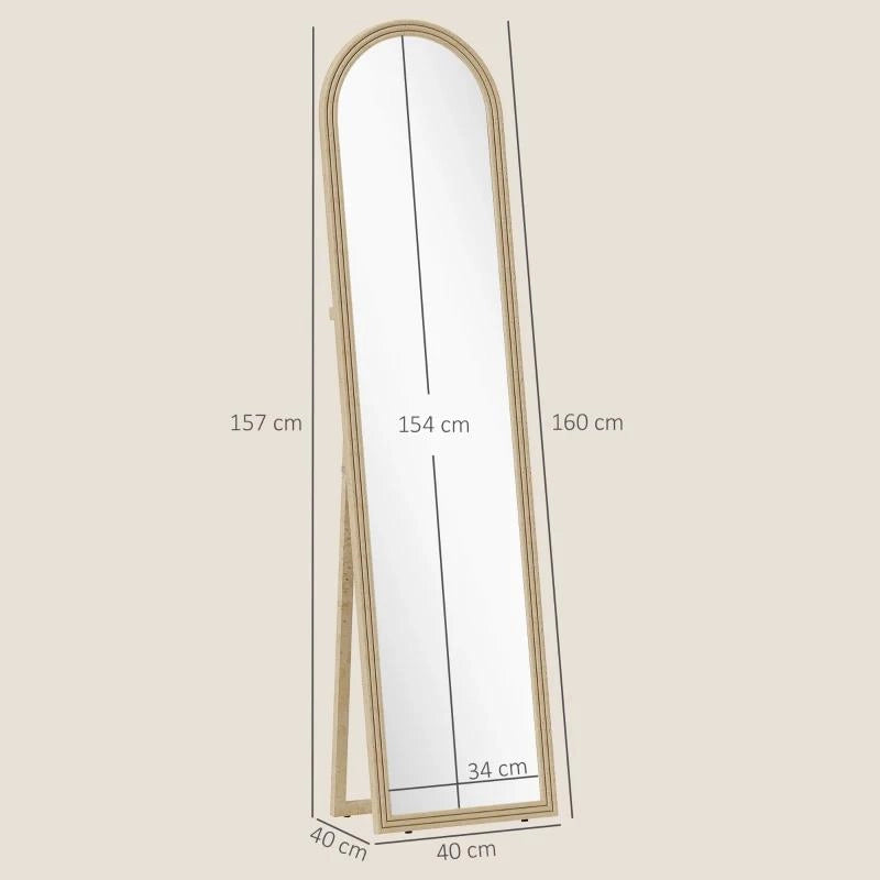 SPECCHIO DA TERRA E PARETE A FIGURA INTERA CON CAVALLETTO, EFFETTO PIETRA E FORMA AD ARCO, 40X160 CM, BEIGE