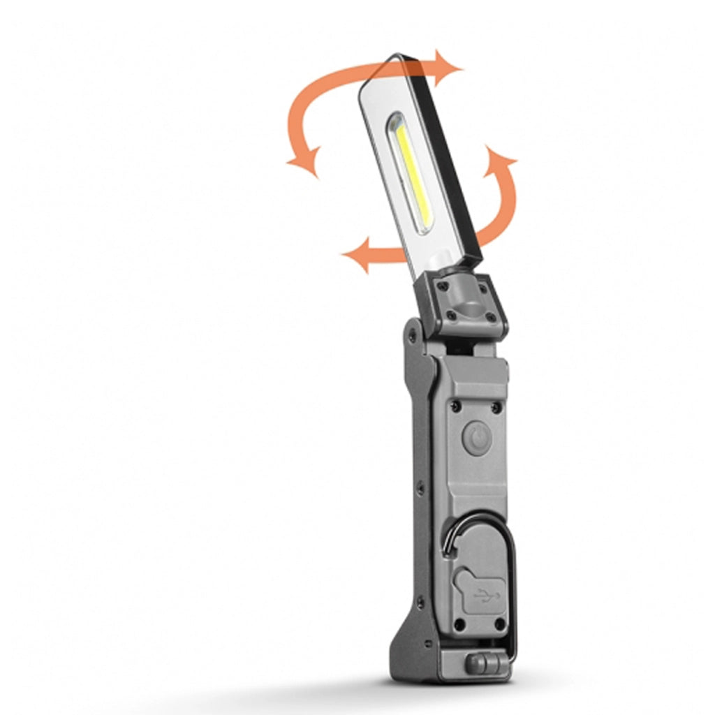 Alcapower Lampada da lavoro LED ricaricabile, corpo in alluminio, testa girevole 180°, 125lm, base magnetica e gancio integrato per uso professionale