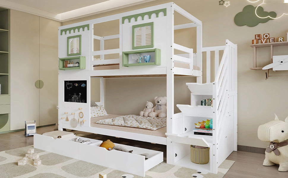 DESMIU Letto a castello bambino 90 × 200 cm con scala contenitore, 2 cassetti, senza materasso, in legno, bianco e verde