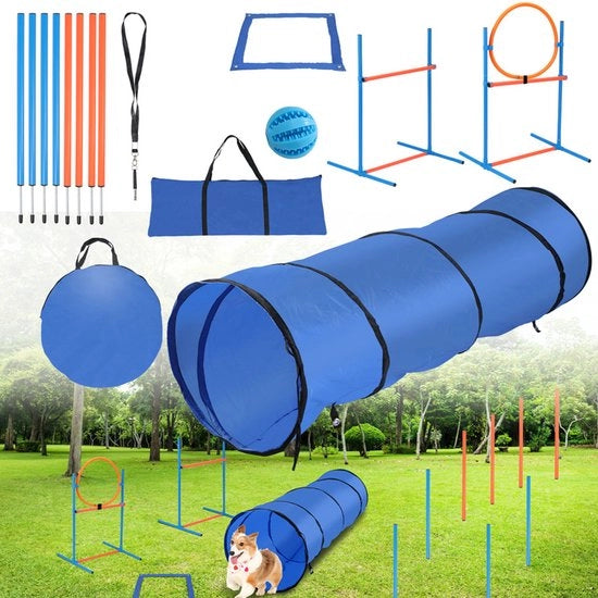 Set di Agilità per Cani – Set Completo con Tasca di Riposo e Tunnel – Tunnel per Cani – Giocattolo per Cani – Slalom Paline - Spring Ring - Set Completo