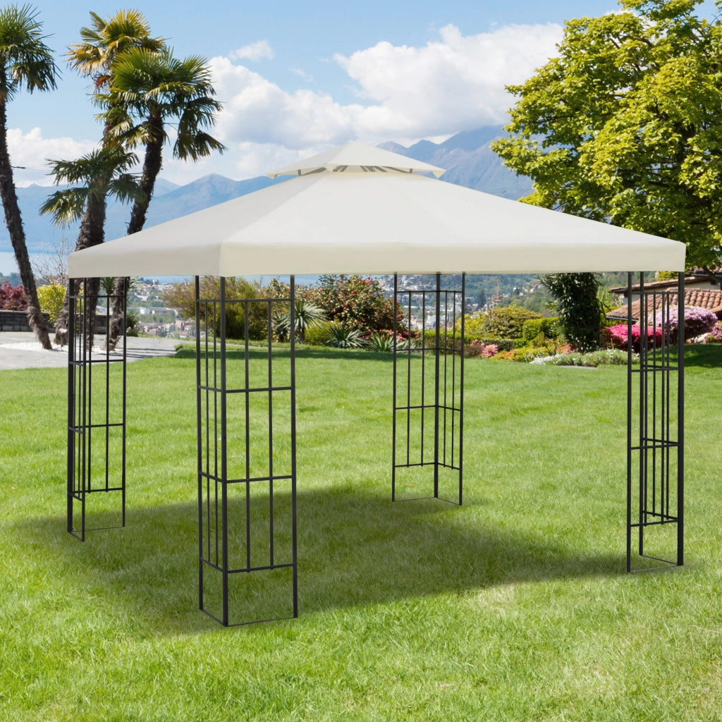 Telo Gazebo 3x3 m a 2 Livelli in Poliestere Resistente. Copertura Gazebo 3x3 con 8 Fori di Drenaggio e Cinghie in chiusura a strappo. Crema