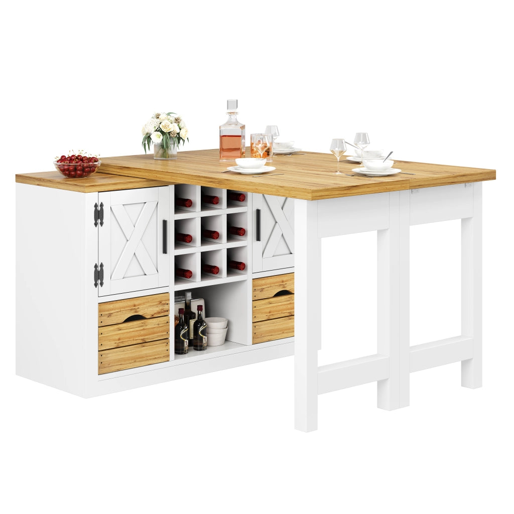 Tavolo da pranzo allungabile con sideboard, piano girevole a 360°, MDF, bianco