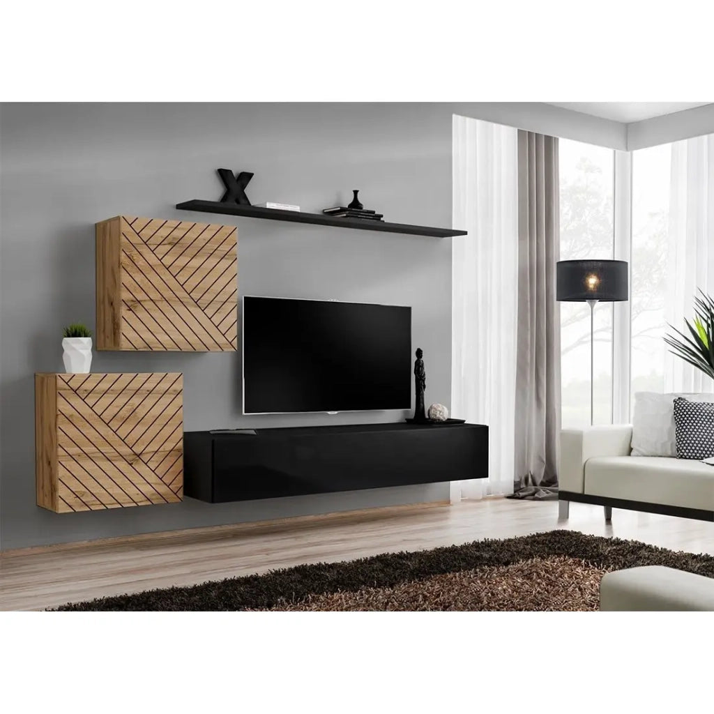 Set di mobili da salotto design SWITCH V, quercia/nero, finiture in quercia fresata e nero lucido