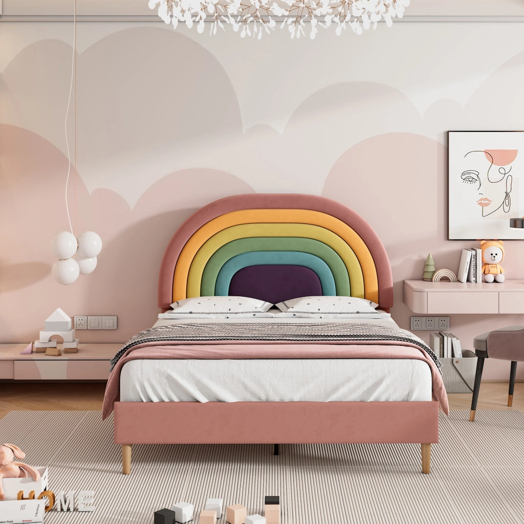 DESMIU Letto matrimoniale 140 × 200 cm 2 posti con testiera regolabile, senza materasso, in velluto, rosa