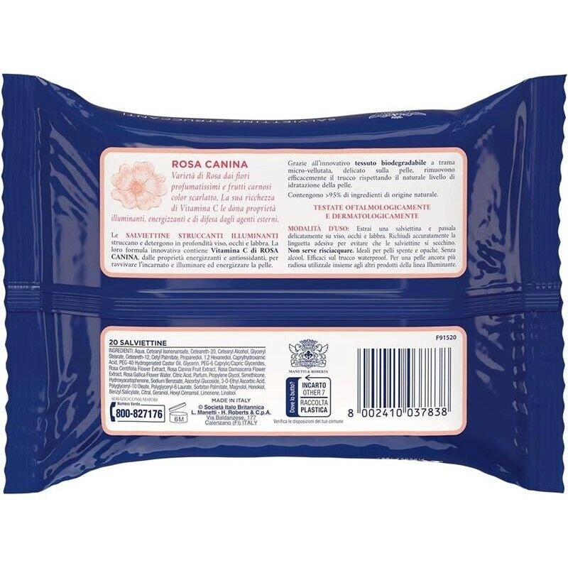 ACQUA ALLE ROSE SALVIETTINE STRUCCANTI ILLUMINANTI PER PELLI SPENTE E VITAMINA C DI ROSA CANINA VISO OCCHI E LABBRA 20 PZ